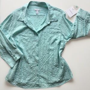 NWT Croft & Barrow Blue Aqua Textured Button Down Blouse 3/4 Sleeve
